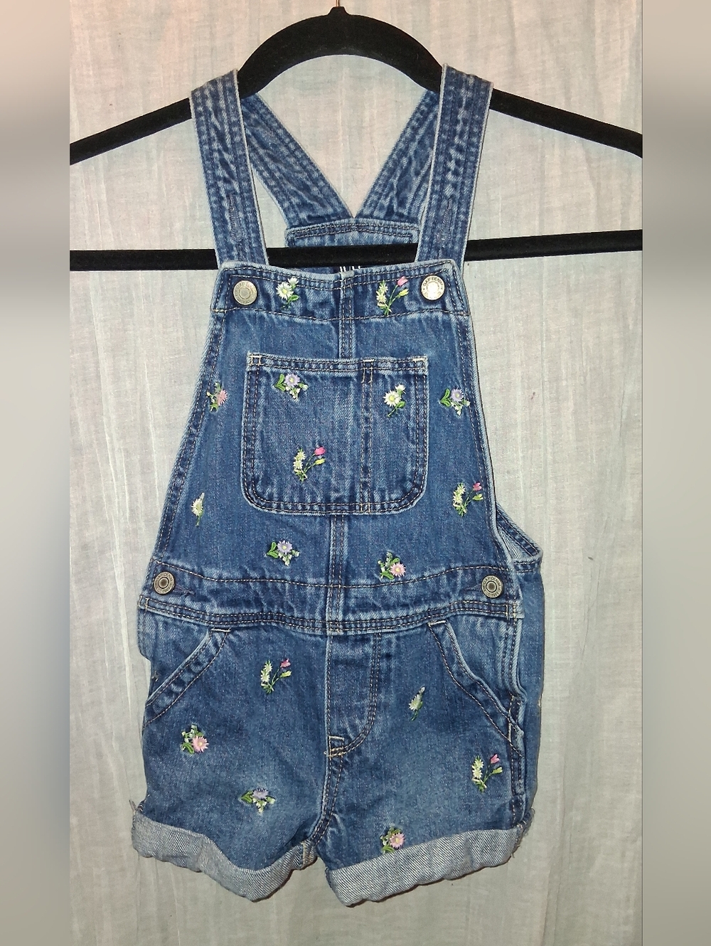 GAP Floral Embroidered Denim Short Overalls Sz 4T